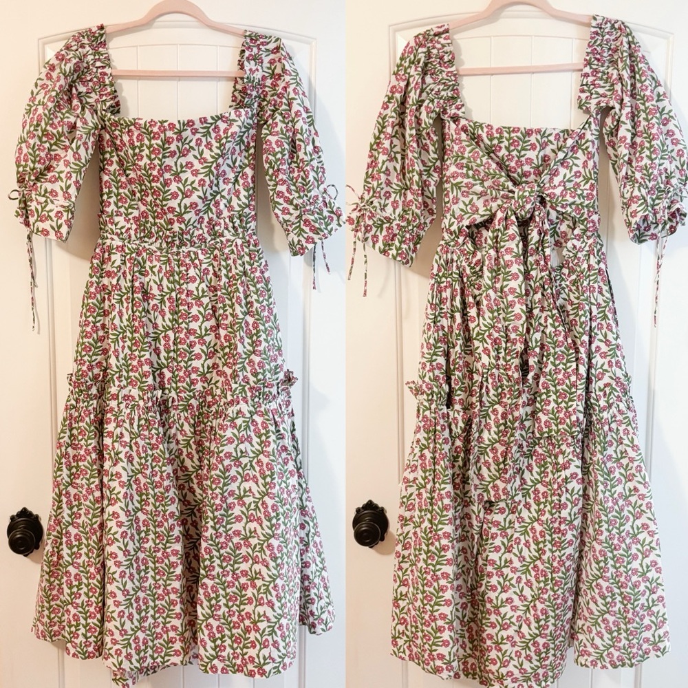 EDDY Olivia Floral Tie-Back Puff-Sleeve Midi Dress | NWT